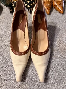 Michael Kors Cream Canvas Pointed Pumps with Brown Trim